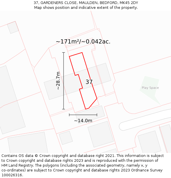 37, GARDENERS CLOSE, MAULDEN, BEDFORD, MK45 2DY: Plot and title map