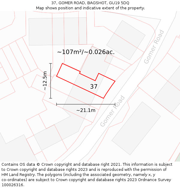 37, GOMER ROAD, BAGSHOT, GU19 5DQ: Plot and title map