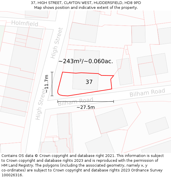 37, HIGH STREET, CLAYTON WEST, HUDDERSFIELD, HD8 9PD: Plot and title map
