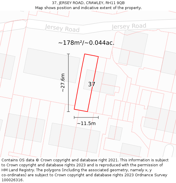 37, JERSEY ROAD, CRAWLEY, RH11 9QB: Plot and title map