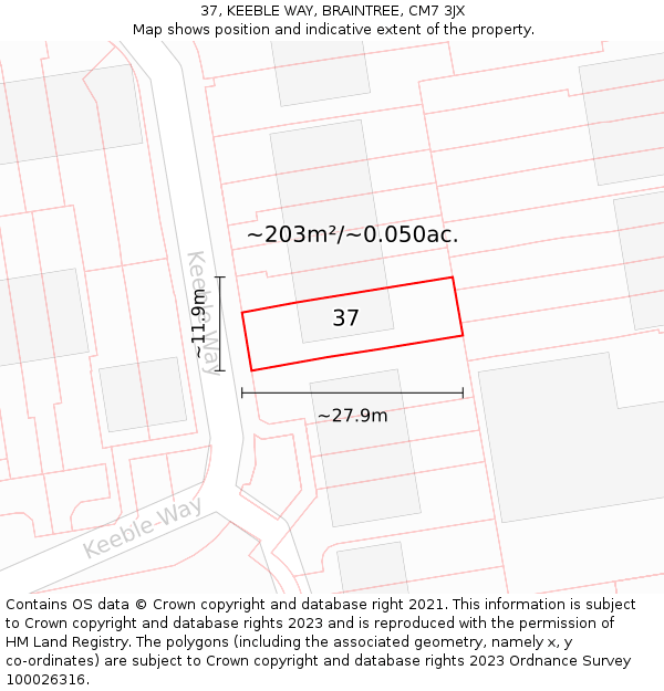 37, KEEBLE WAY, BRAINTREE, CM7 3JX: Plot and title map