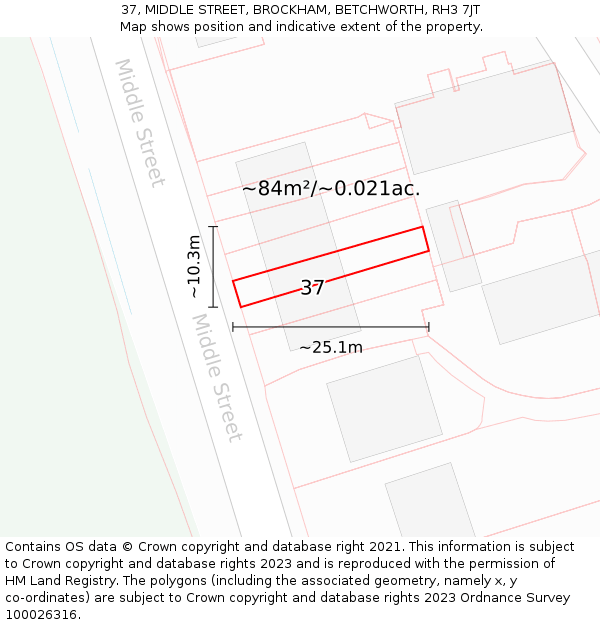 37, MIDDLE STREET, BROCKHAM, BETCHWORTH, RH3 7JT: Plot and title map