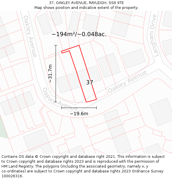 37, OAKLEY AVENUE, RAYLEIGH, SS6 9TE: Plot and title map