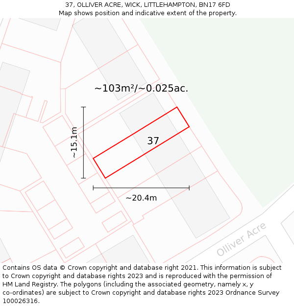 37, OLLIVER ACRE, WICK, LITTLEHAMPTON, BN17 6FD: Plot and title map