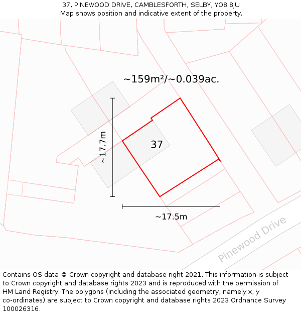 37, PINEWOOD DRIVE, CAMBLESFORTH, SELBY, YO8 8JU: Plot and title map