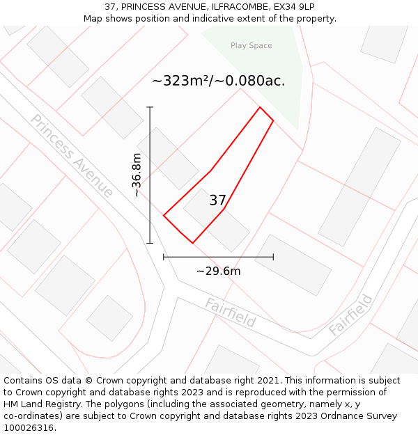 37, PRINCESS AVENUE, ILFRACOMBE, EX34 9LP: Plot and title map