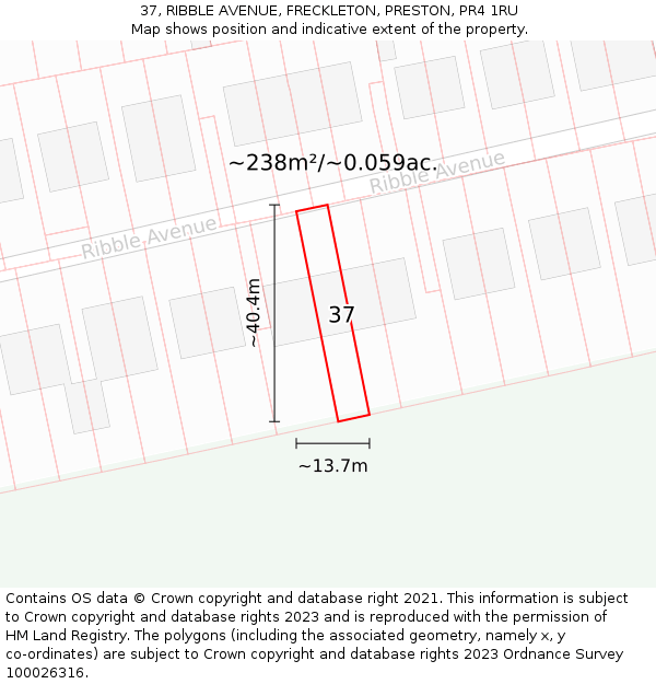 37, RIBBLE AVENUE, FRECKLETON, PRESTON, PR4 1RU: Plot and title map