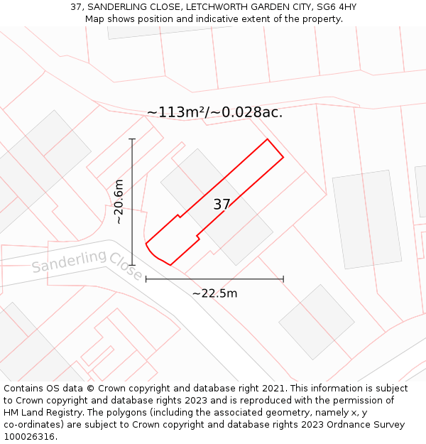 37, SANDERLING CLOSE, LETCHWORTH GARDEN CITY, SG6 4HY: Plot and title map