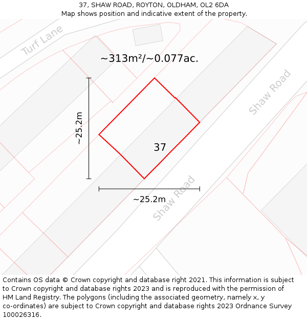 37, SHAW ROAD, ROYTON, OLDHAM, OL2 6DA: Plot and title map