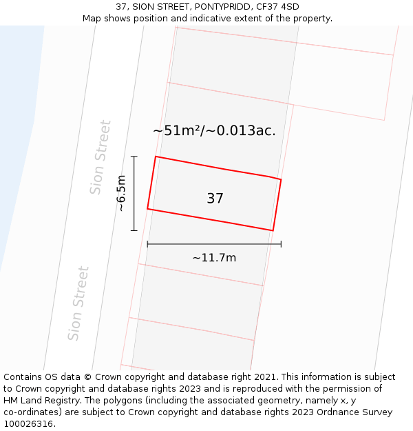 37, SION STREET, PONTYPRIDD, CF37 4SD: Plot and title map