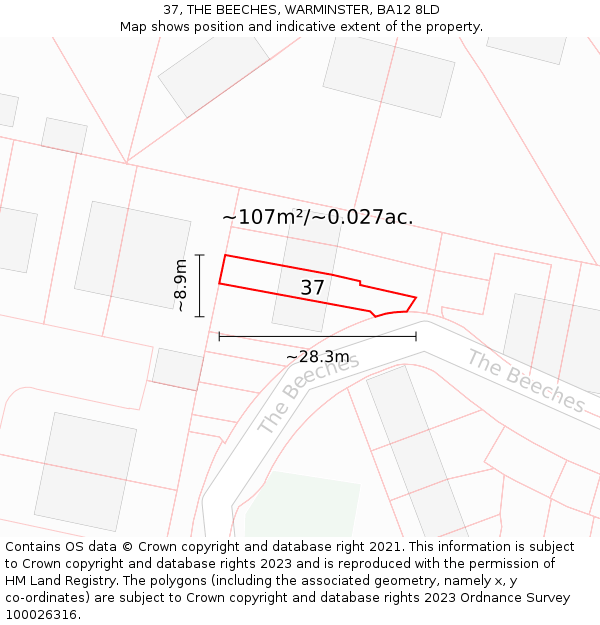 37, THE BEECHES, WARMINSTER, BA12 8LD: Plot and title map