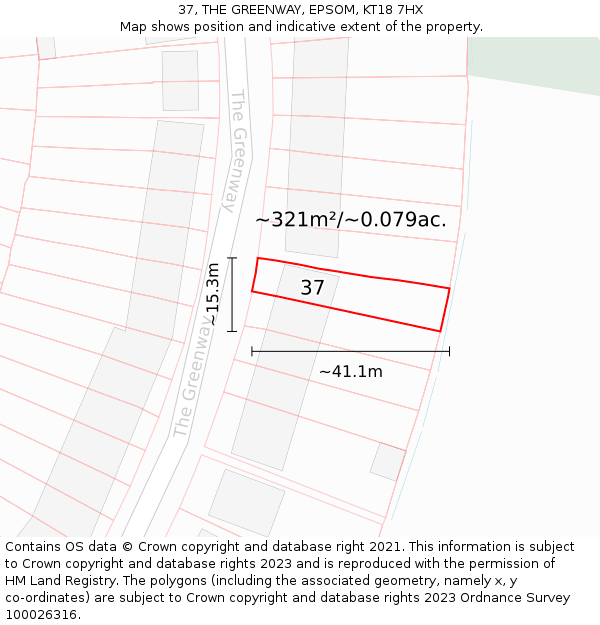 37, THE GREENWAY, EPSOM, KT18 7HX: Plot and title map