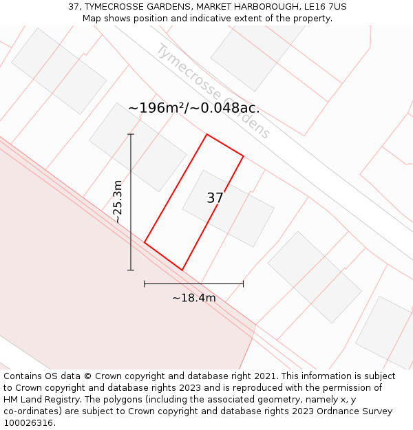 37, TYMECROSSE GARDENS, MARKET HARBOROUGH, LE16 7US: Plot and title map
