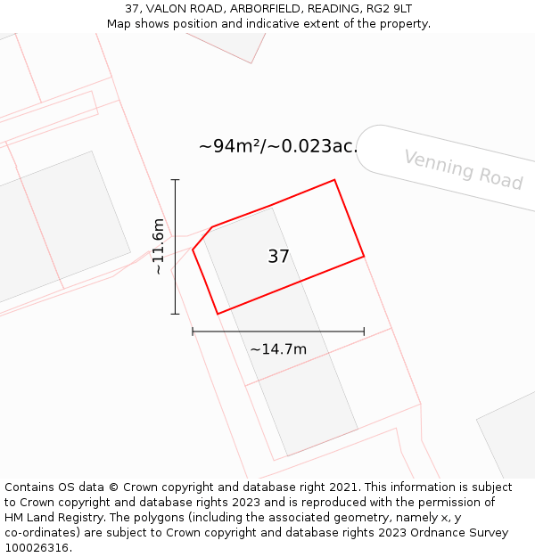 37, VALON ROAD, ARBORFIELD, READING, RG2 9LT: Plot and title map