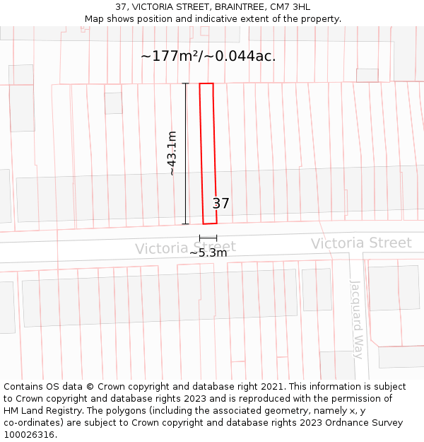 37, VICTORIA STREET, BRAINTREE, CM7 3HL: Plot and title map
