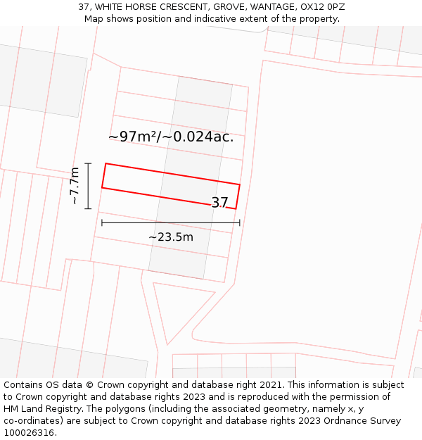 37, WHITE HORSE CRESCENT, GROVE, WANTAGE, OX12 0PZ: Plot and title map