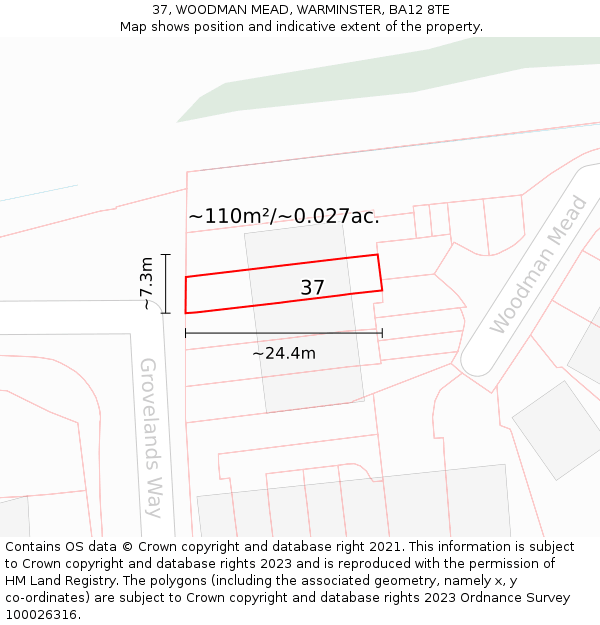 37, WOODMAN MEAD, WARMINSTER, BA12 8TE: Plot and title map