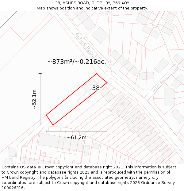 38, ASHES ROAD, OLDBURY, B69 4QY: Plot and title map