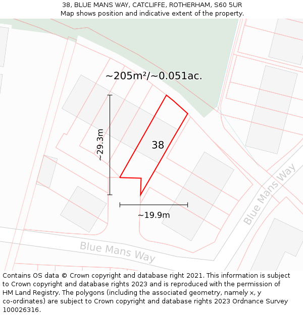 38, BLUE MANS WAY, CATCLIFFE, ROTHERHAM, S60 5UR: Plot and title map