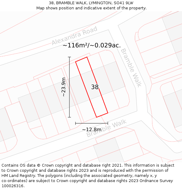 38, BRAMBLE WALK, LYMINGTON, SO41 9LW: Plot and title map