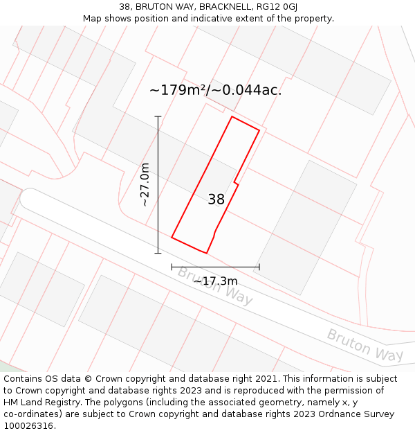 38, BRUTON WAY, BRACKNELL, RG12 0GJ: Plot and title map