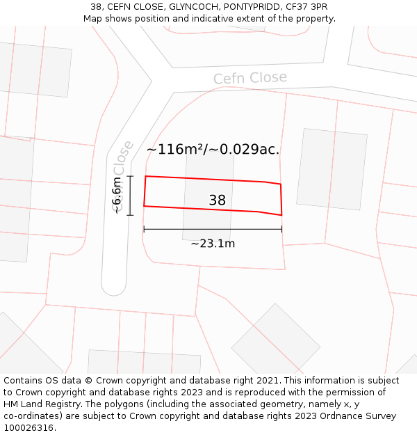 38, CEFN CLOSE, GLYNCOCH, PONTYPRIDD, CF37 3PR: Plot and title map