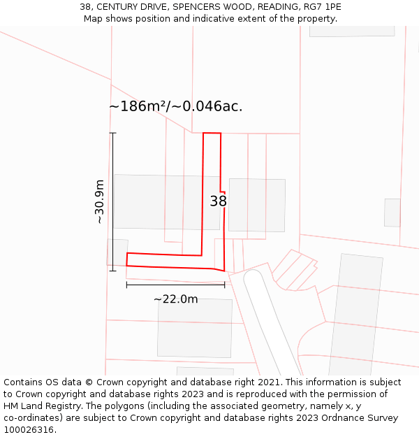 38, CENTURY DRIVE, SPENCERS WOOD, READING, RG7 1PE: Plot and title map