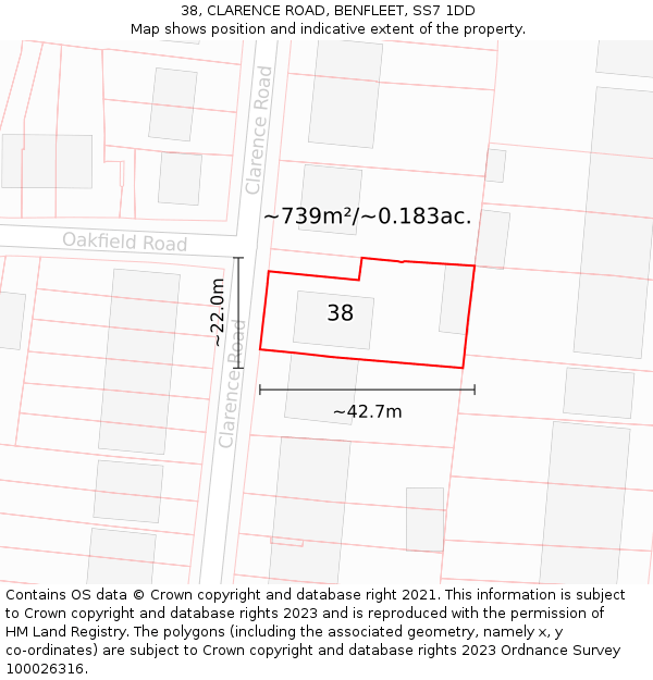 38, CLARENCE ROAD, BENFLEET, SS7 1DD: Plot and title map