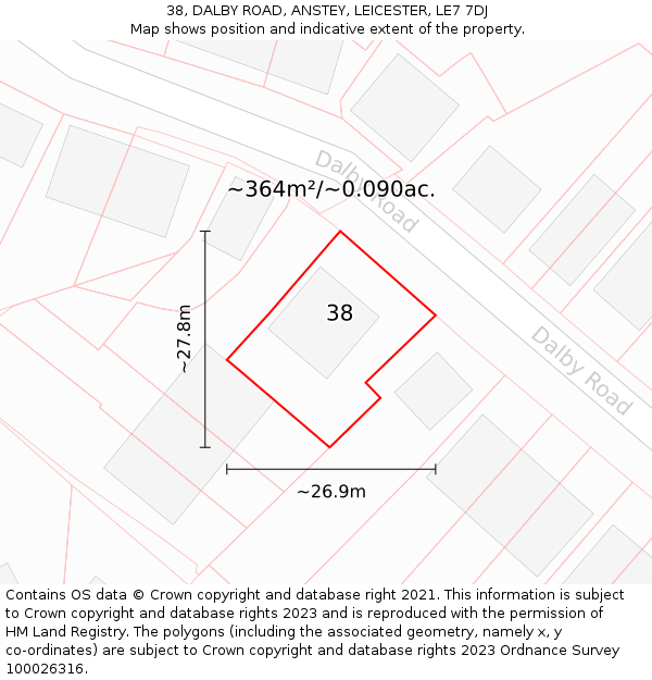 38, DALBY ROAD, ANSTEY, LEICESTER, LE7 7DJ: Plot and title map