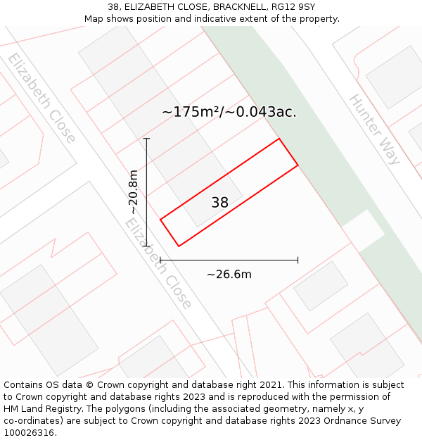 38, ELIZABETH CLOSE, BRACKNELL, RG12 9SY: Plot and title map