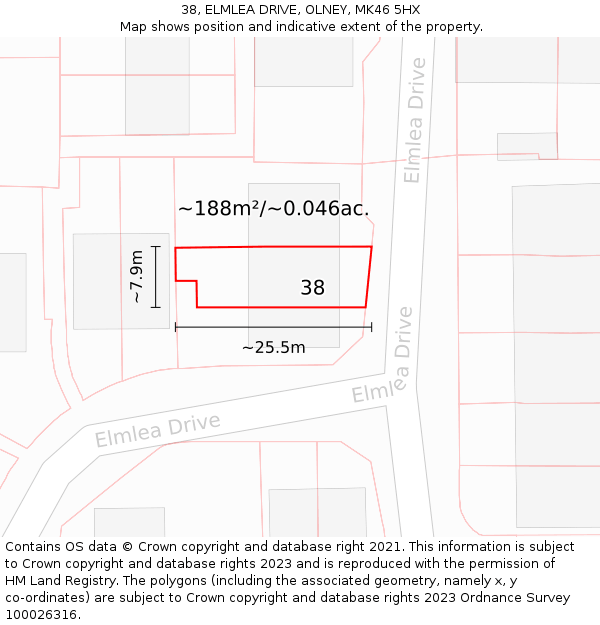 38, ELMLEA DRIVE, OLNEY, MK46 5HX: Plot and title map