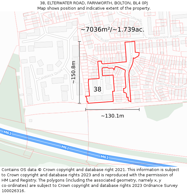 38, ELTERWATER ROAD, FARNWORTH, BOLTON, BL4 0PJ: Plot and title map