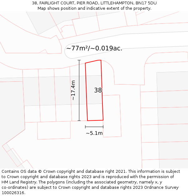 38, FAIRLIGHT COURT, PIER ROAD, LITTLEHAMPTON, BN17 5DU: Plot and title map