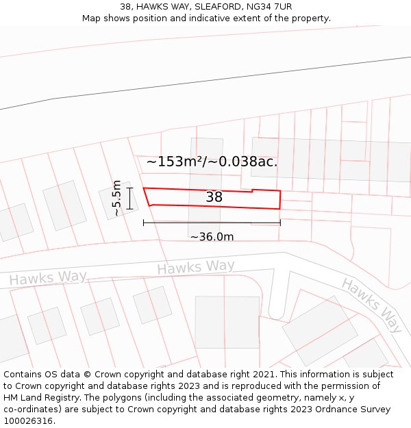 38, HAWKS WAY, SLEAFORD, NG34 7UR: Plot and title map