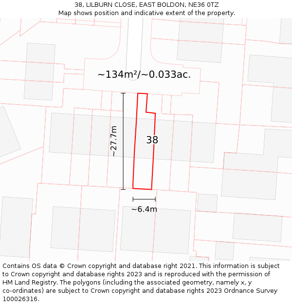 38, LILBURN CLOSE, EAST BOLDON, NE36 0TZ: Plot and title map