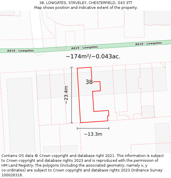 38, LOWGATES, STAVELEY, CHESTERFIELD, S43 3TT: Plot and title map