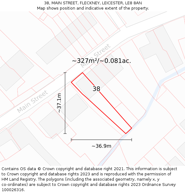 38, MAIN STREET, FLECKNEY, LEICESTER, LE8 8AN: Plot and title map