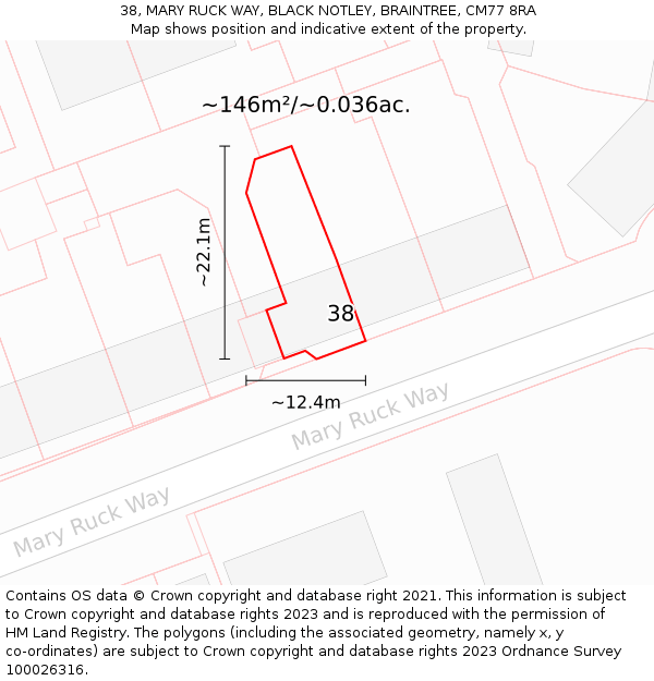 38, MARY RUCK WAY, BLACK NOTLEY, BRAINTREE, CM77 8RA: Plot and title map