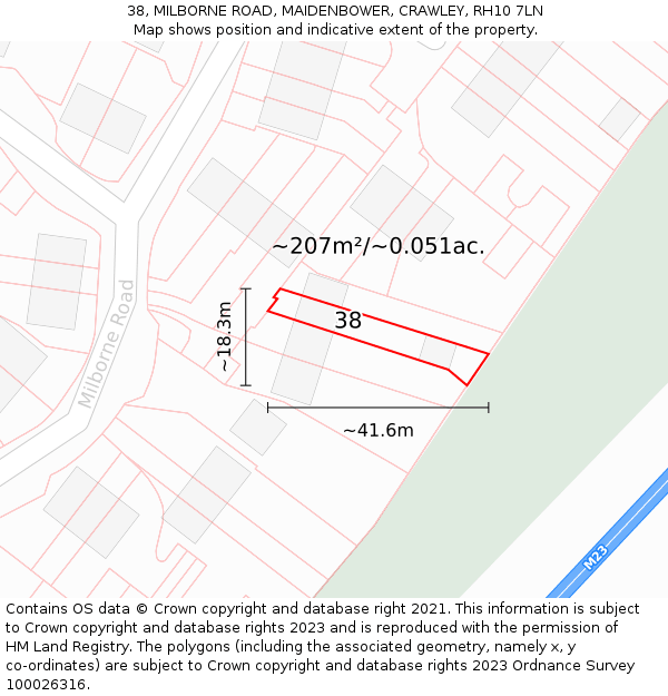 38, MILBORNE ROAD, MAIDENBOWER, CRAWLEY, RH10 7LN: Plot and title map