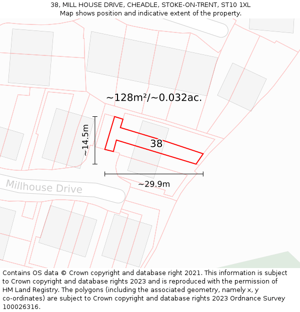 38, MILL HOUSE DRIVE, CHEADLE, STOKE-ON-TRENT, ST10 1XL: Plot and title map
