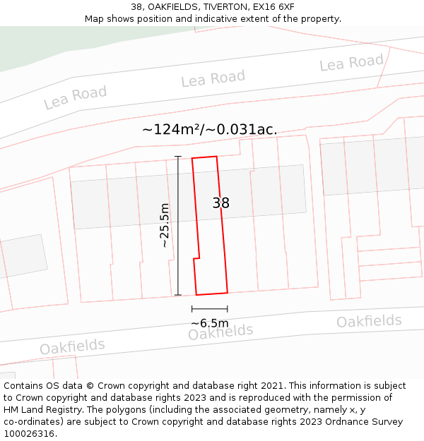 38, OAKFIELDS, TIVERTON, EX16 6XF: Plot and title map