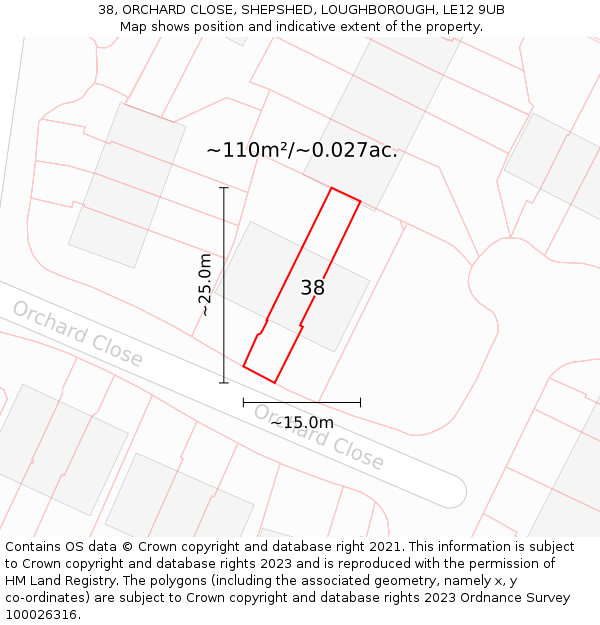 38, ORCHARD CLOSE, SHEPSHED, LOUGHBOROUGH, LE12 9UB: Plot and title map