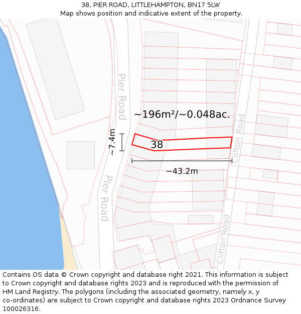 38, PIER ROAD, LITTLEHAMPTON, BN17 5LW: Plot and title map