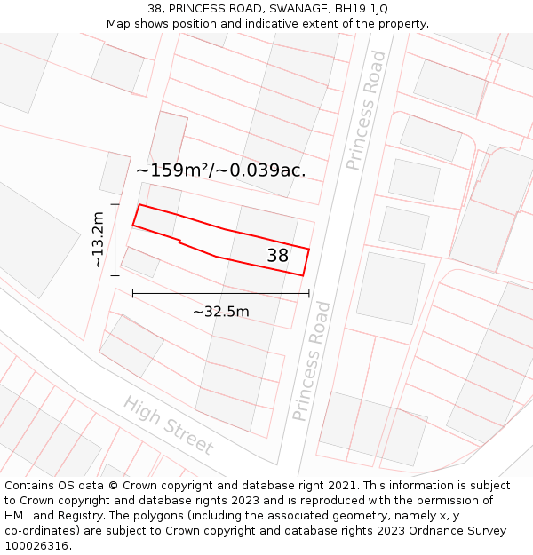 38, PRINCESS ROAD, SWANAGE, BH19 1JQ: Plot and title map