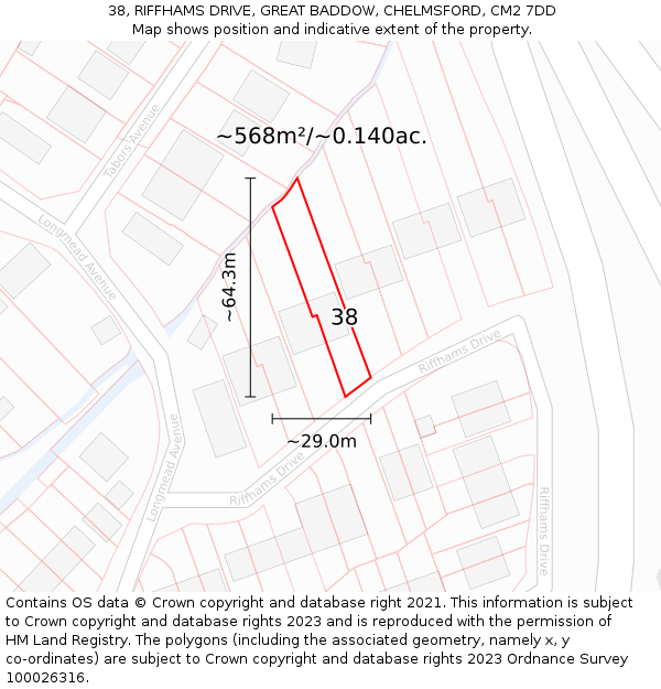 38, RIFFHAMS DRIVE, GREAT BADDOW, CHELMSFORD, CM2 7DD: Plot and title map