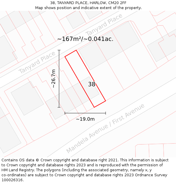 38, TANYARD PLACE, HARLOW, CM20 2FF: Plot and title map