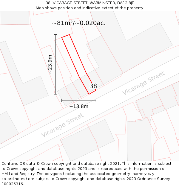 38, VICARAGE STREET, WARMINSTER, BA12 8JF: Plot and title map