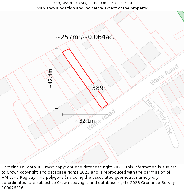 389, WARE ROAD, HERTFORD, SG13 7EN: Plot and title map