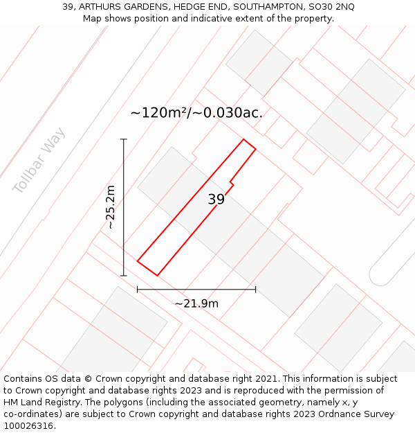 39, ARTHURS GARDENS, HEDGE END, SOUTHAMPTON, SO30 2NQ: Plot and title map