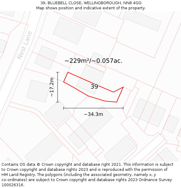 39, BLUEBELL CLOSE, WELLINGBOROUGH, NN8 4GG: Plot and title map